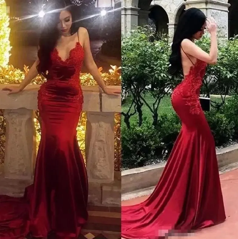 Evening Dresses Dark Red Prom Party Gown Custom Formal New Zipper Plus Size Mermaid V-Neck Elastic Satin Lace Up Sleeveless Applique Backless
