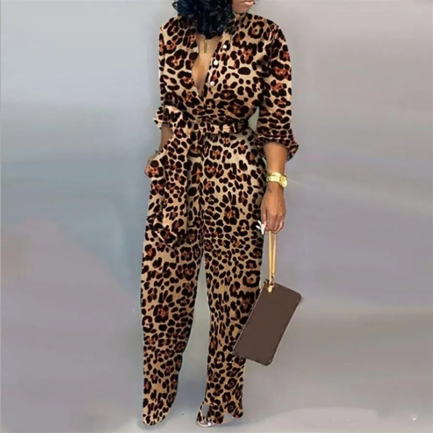 Women's Jumpsuits & Rompers Sexy Women Romper Leopard Tied Waist Long Sleeve Jumpsuit Night Clue Autumn Clothing Set229M