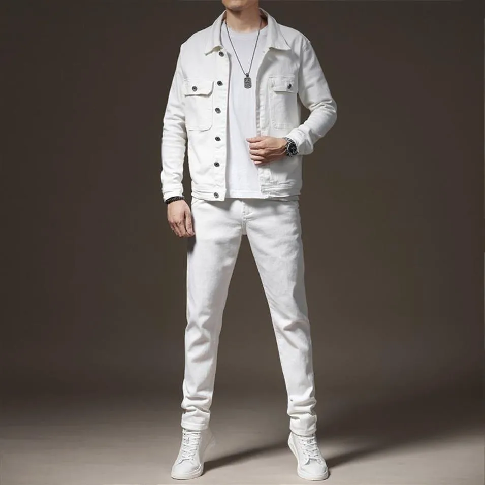 Tute primavera autunno Set jeans elasticizzati bianchi per uomo Giacca e pantaloni slim casual a maniche lunghe 2 pezzi Set taglia M-5XL Abbigliamento maschile260D