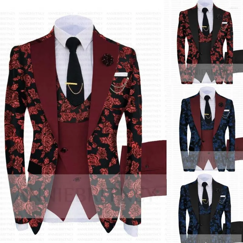 Men's Suits 2023 Latset Luxury Wedding Burgundy Jacquard For Men 3 Piece Costume Homme Mariage Floral Blazers Tuxedo Groom Ropa Hombre