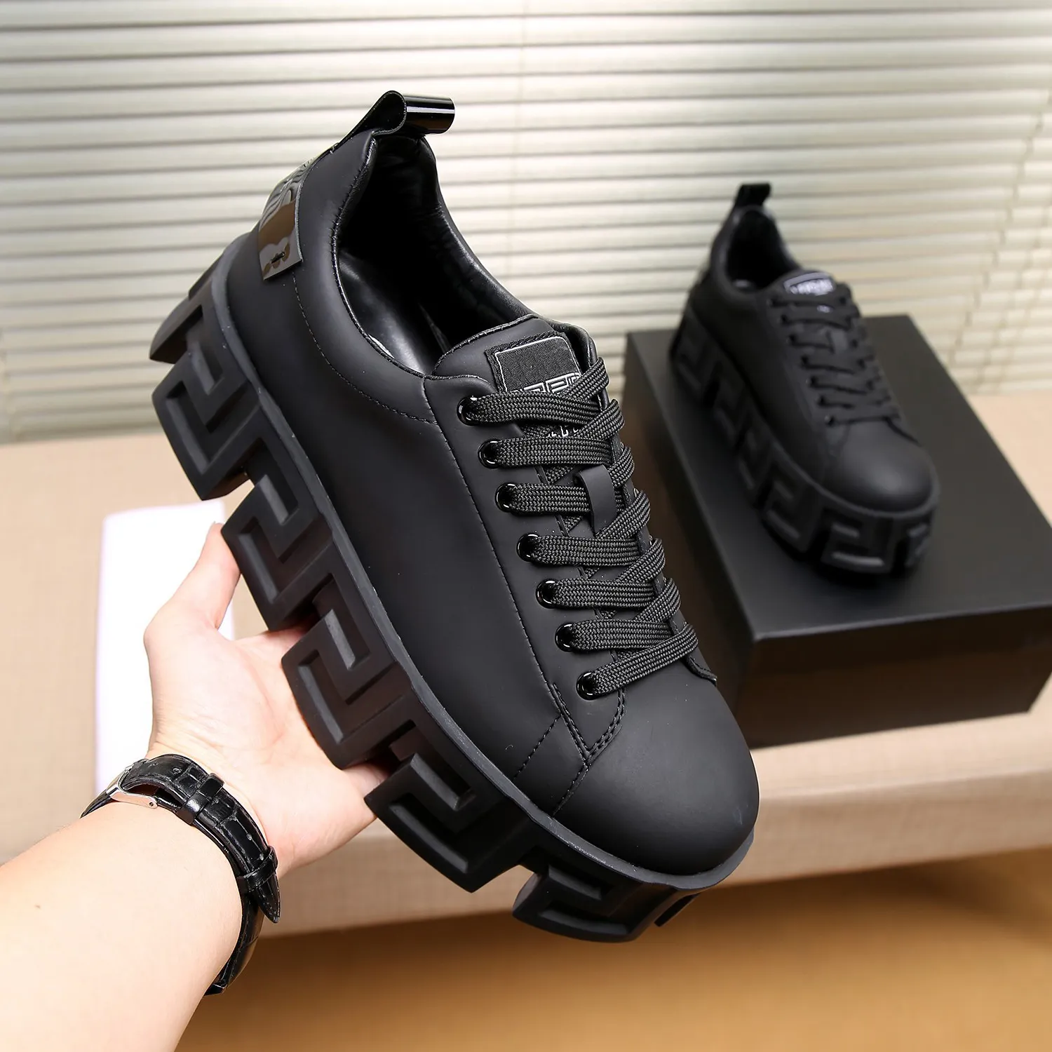 Men's Designer Lace-up Casual Shoes Greca Labyrinth Chunky Sneakers Black White Thick-soled Greek-key Motif Round Toe Multicolor Platform Trainers