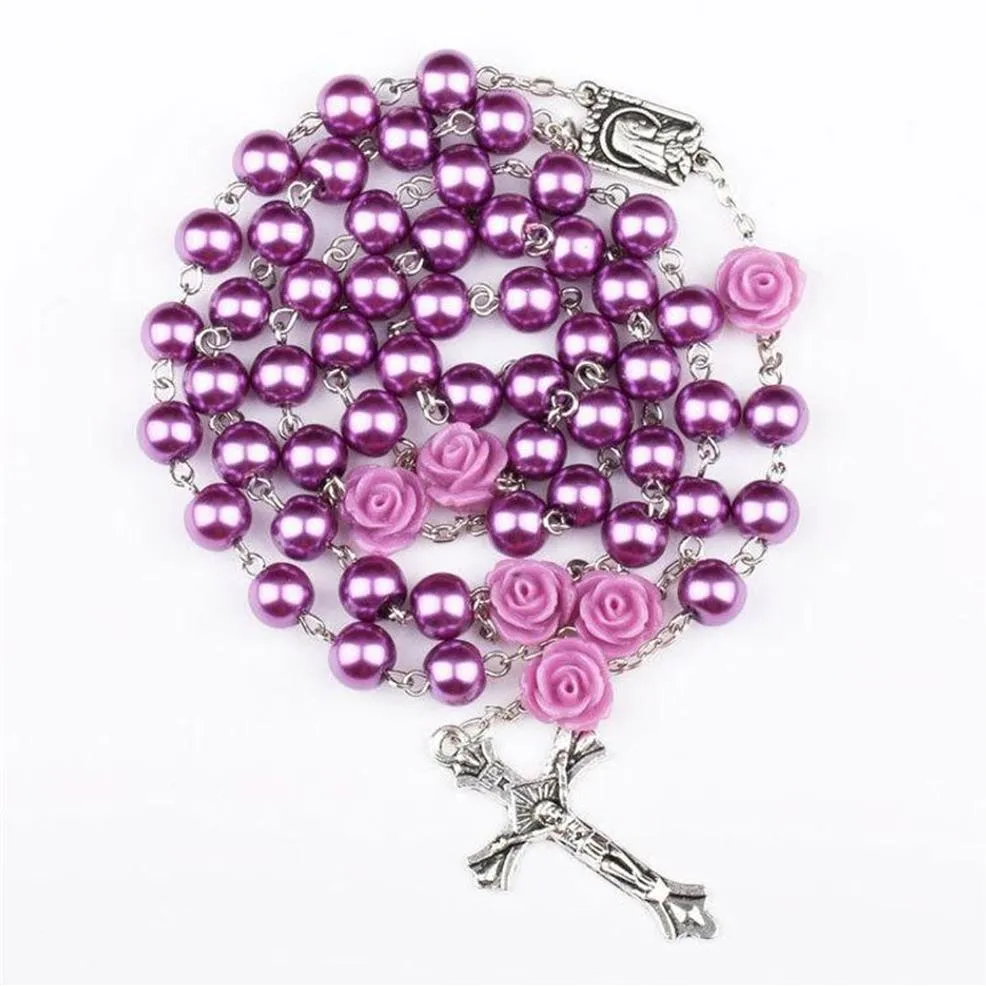 Pendentif Colliers Violet Imitation Perle Rose Catholique Rosaire Collier Croix Vierge Religieux1871