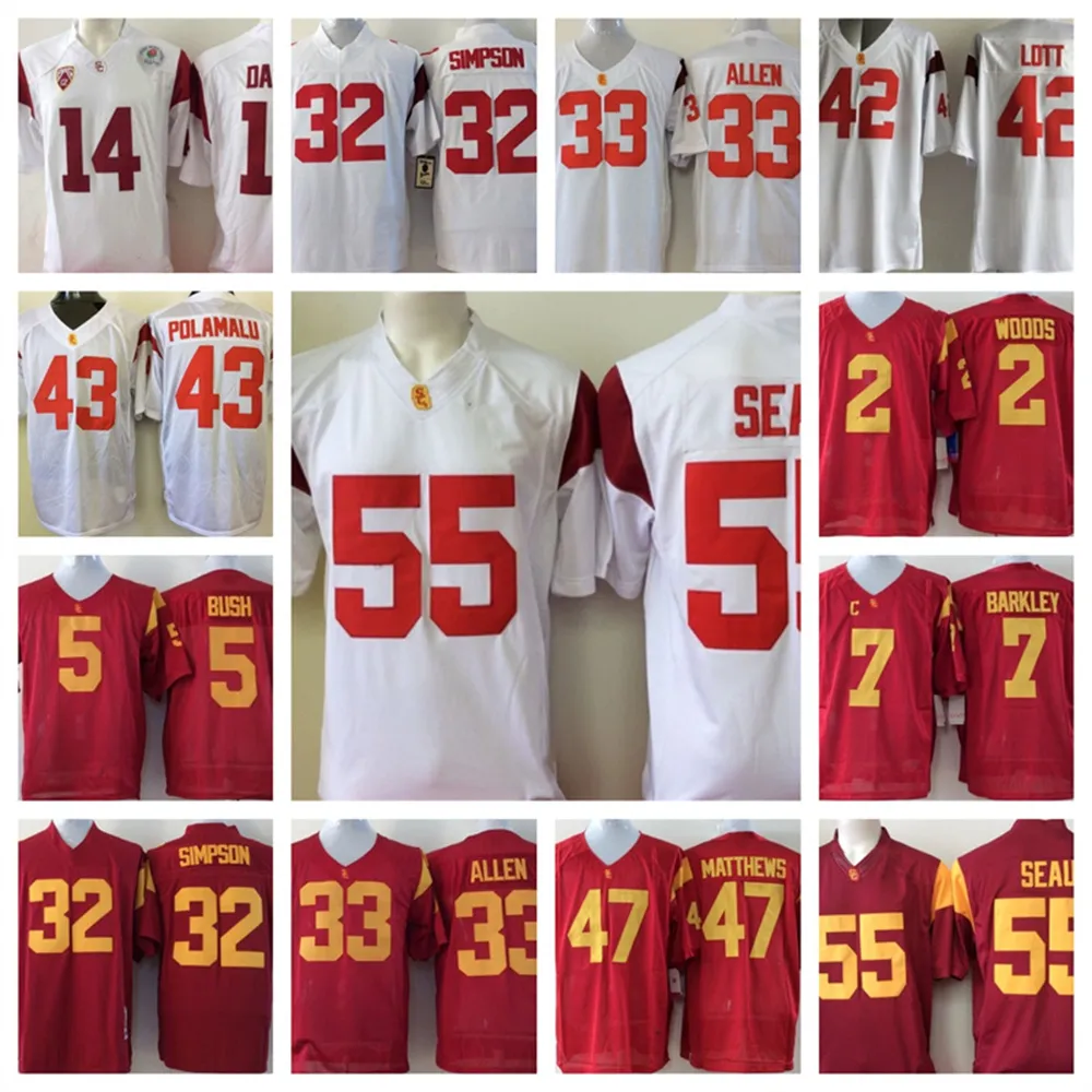 USC Trojans 축구 저지 주식 14 Sam Darnold 32 O.J. Simpson 33 Marcus Allen 42 Ronnie Lott 43 Troy Polamalu 55 Junior Seau 2 Robert Woods 5 Bush 7 Barkley 47 Matthews