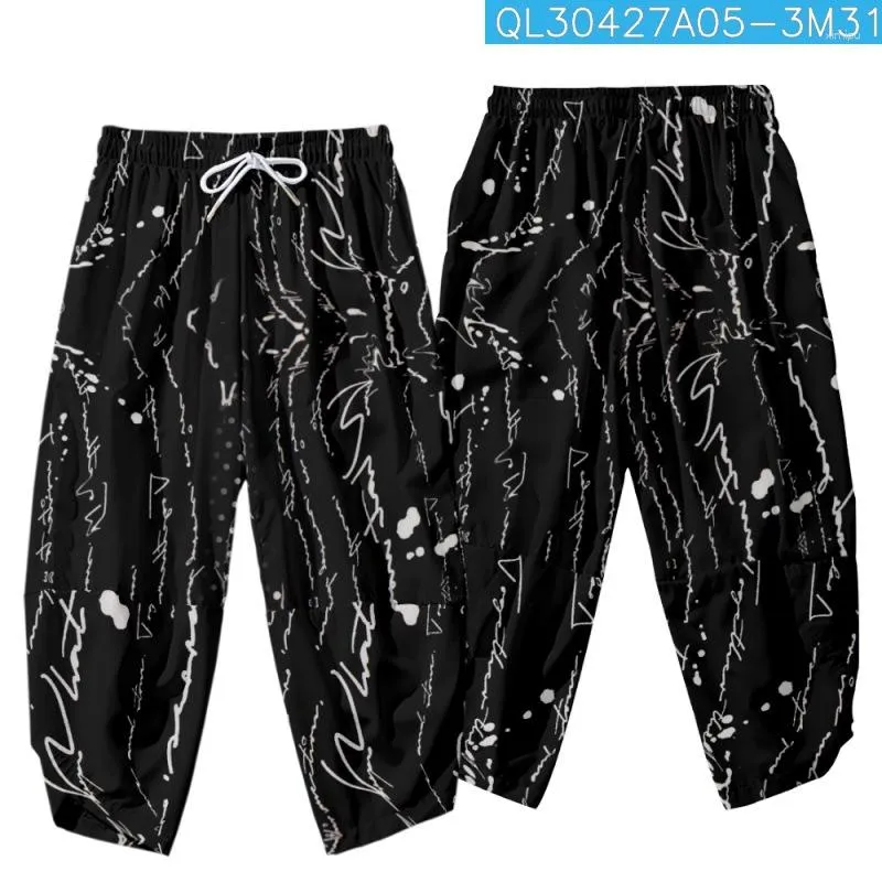 Männer Hosen Weiß Gestreiften Brief Gedruckt Schwarz Japanische Cropped Paar Casual Elastische Taille Kimono Hosen Harajuku Streetwear