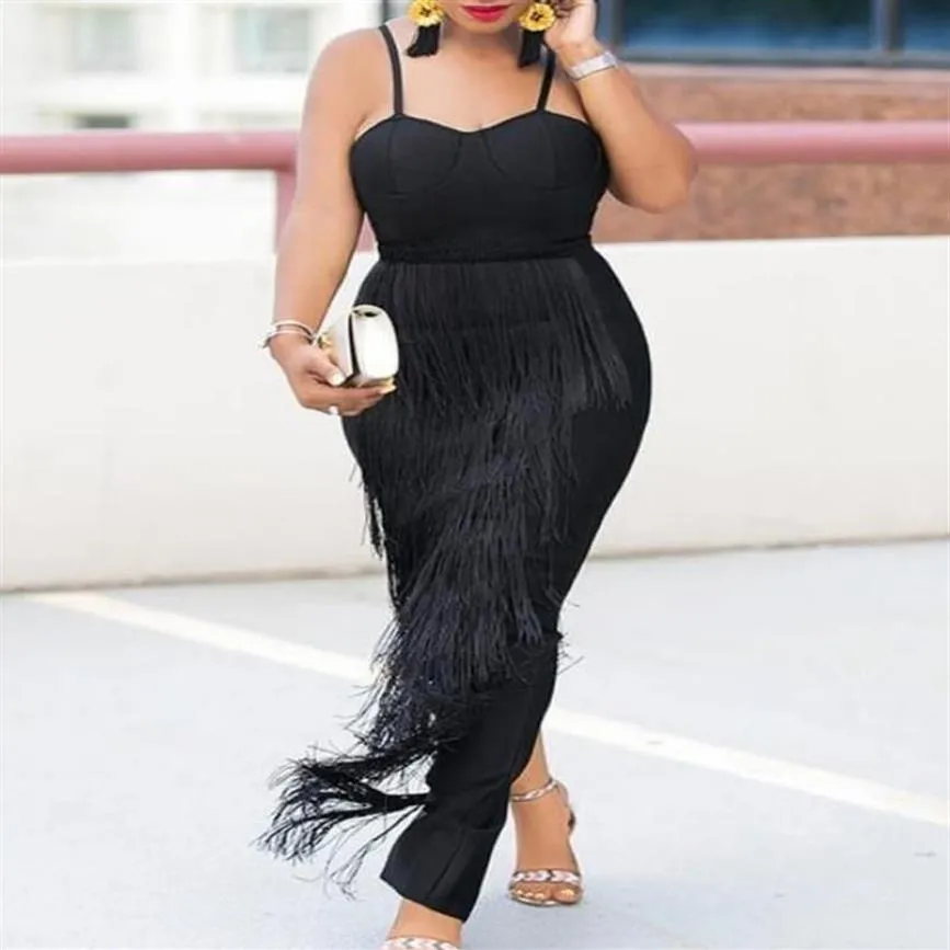 Plus Size Dresses Black Long Spaghetti Strap High Waist Tassel Evening Cocktail Party Gowns Fringe Outfits Drop Autumn228Y