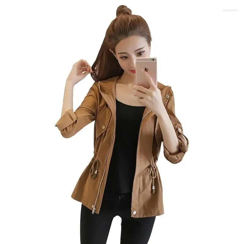 Women's Trench Coats Women Hooded Jacket Nice Spring Summer Thin Short Windbreaker Female Waist Retraction Korean Rashion Womenswear NO