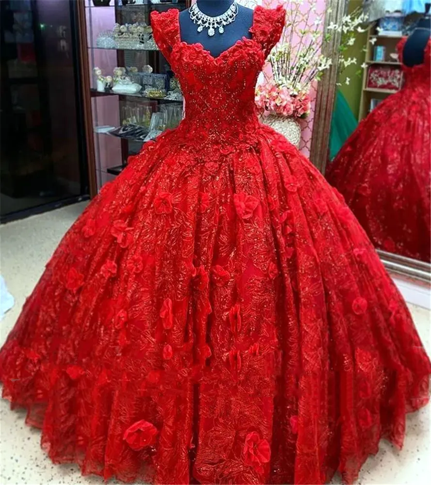 Robe de Quinceanera rouge de luxe à fleurs 3D, épaules dénudées, longueur au sol, robe de bal en dentelle pour 16 filles, soirée, événement formel, dos à lacets, grande taille