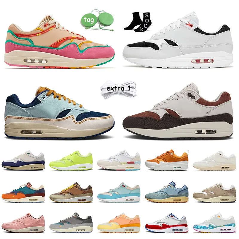 Nike Air Max 1 Patta Waves AirMax 1s Travis Scott Беговые туфли грязная ковбойская ткань железная дорога желтый обсидиан мужская кроссовки