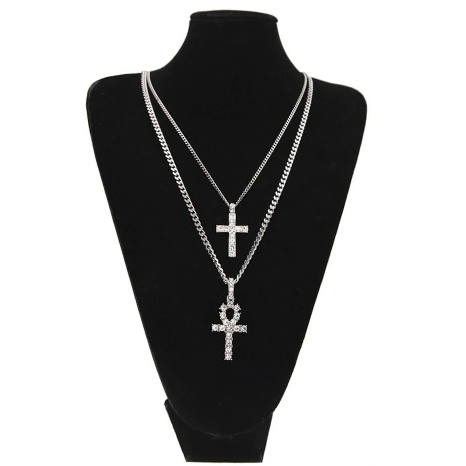 Ankh egípcio com pingente de cruz conjunto de colar strass cristal chave para a vida egito cruz colares hip hop jóias set298l