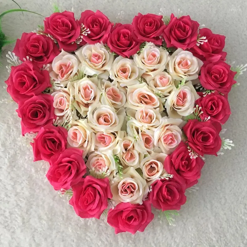 Decorative Flowers Artificial Rose Flower Wall Heart-shaped Curling Simulation Plate Heart Row Wedding Car Decoration Red White Pink