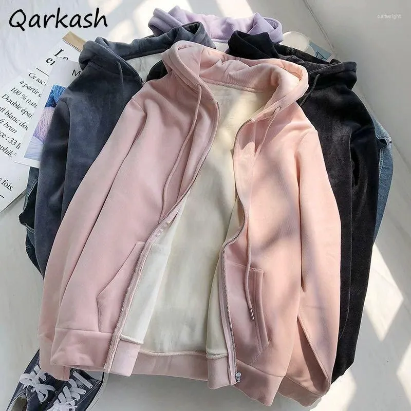 Hoodies femininos mulheres zip-up bolsos espessamento outono estudantes quentes minimalista ulzzang solto all-match diário 4 cores senhoras clássicas