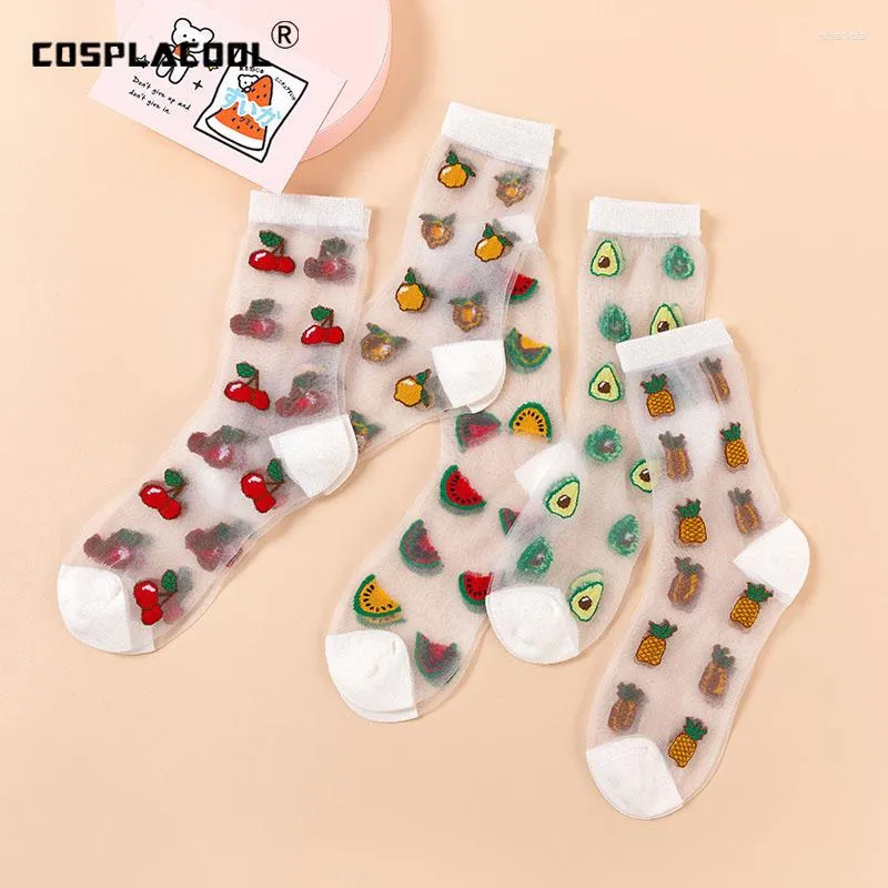 Calzini da donna Modello di frutta trasparente Divertente design Kawaii Ciliegia Avocado Arancione Harajuku Vetro sottile Seta Carino Calcetines Mujer