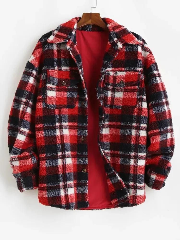 Men s Jackets Plaid Jacket for Men Fluffy Fleece Shirt Jacket with Pocket Button up Faux Fur Sherpa Streetwear Topcoats Z4738534 231007