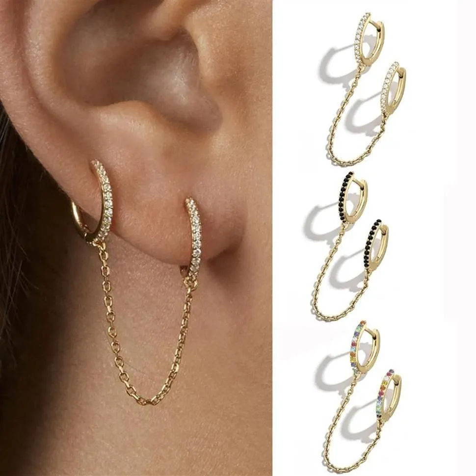Boucles d'oreilles Punk à deux trous pour femmes, Piercing rond, Cartilage, cristal brillant, chaîne en Zircon, cadeau d'anniversaire, Huggie206i