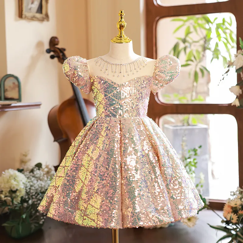 Robes de fille de fleur à paillettes brillantes