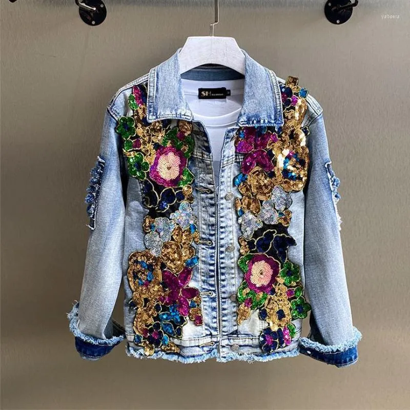 Giacche da donna Diamanti retrò incorporati Ricami floreali Cappotto di jeans Fiori primaverili Paillettes Applicazioni Giacca di jeans slim Cardigan da cowboy