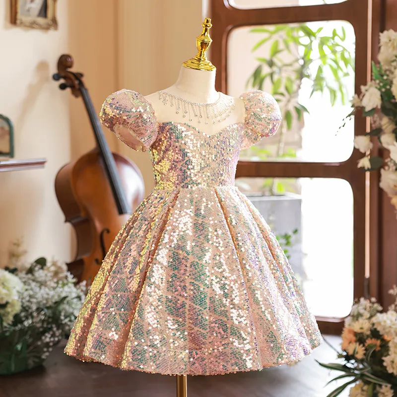 Glossy Sequined Gold Flower Dress with Shiny Bling and Princess Gown for Wedding, Birthday, Pageant - Toddler Size 403