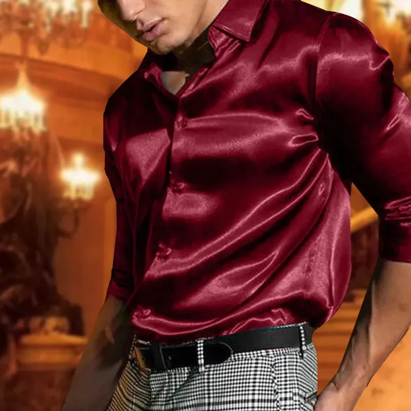 Men's Dress Shirts Y2k Button Casual Shirt Satin Silk Black Red White Polo  Neck Daily Fashion Comfortable Long Sleeve 231009