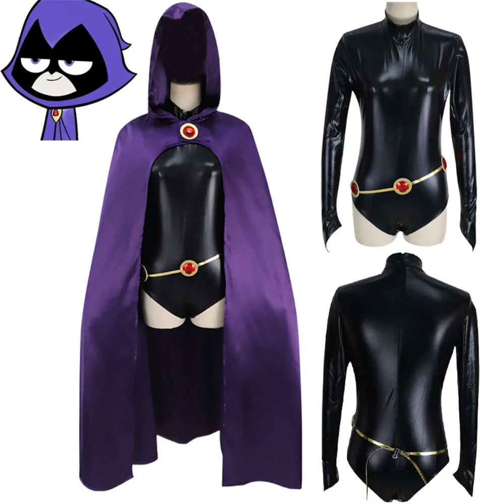 Anime Raven Cosplay Costume Teen Titans Cosplay Cape Ceinture Raven Combinaisons Zentai Ensemble Complet Halloween Carnaval Costumes pour Womencosplay