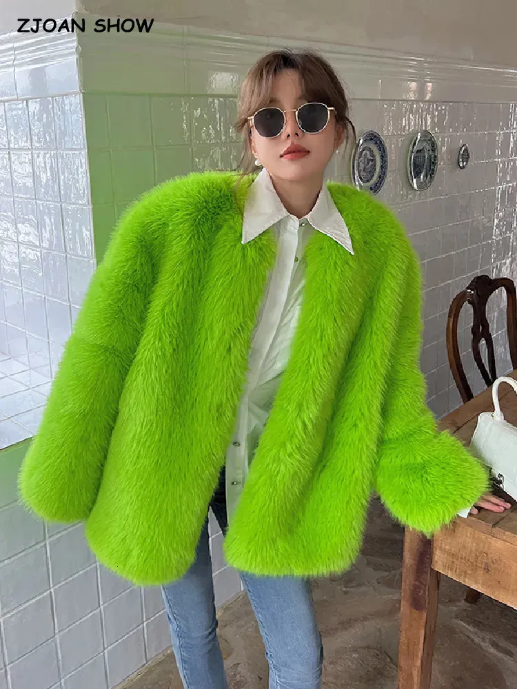 Damen Pelz Kunstpelz Winter Frauen Fluoreszierend Grün Haarig Shaggy Kunstpelz Jacken Vintage Volle Ärmel Pelzmantel Lose Warm Halten Oberbekleidung 231007