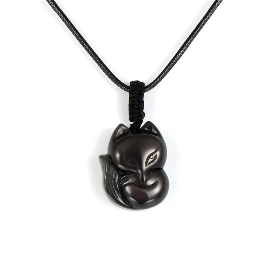 Collier pendentif en obsidienne naturelle pour hommes et femmes, pierre précieuse sculptée à la main, corde réglable, amulette porte-bonheur Reiki, bijoux 2696