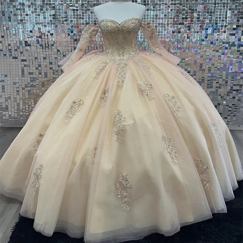 Champagne Glanzend Quinceanera Jurken Zoete Prinses Applique Kant Lange Mouwen Baljurk Verjaardagsfeestje Jurken Cape Vestidos De 15