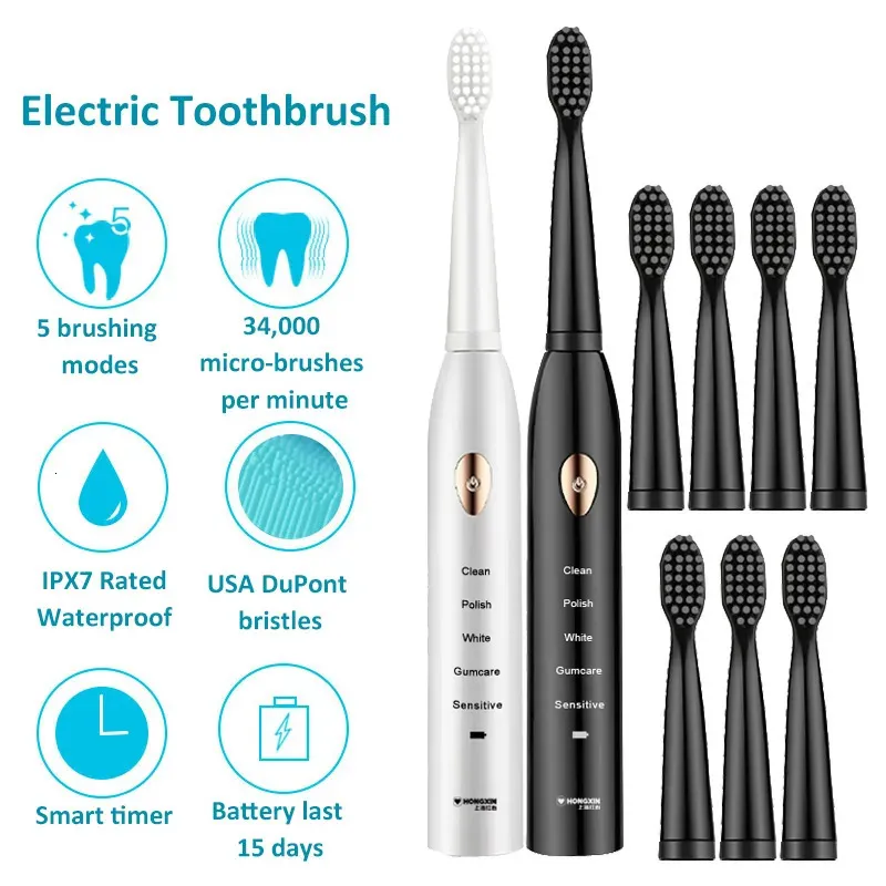 فرشاة الأسنان Sonic Electric Frushs 5 أوضاع 4 8 مرفقات فرشاة الأسنان الكهربائية فرشاة الصوت بالموجات فوق الصوتية 231009
