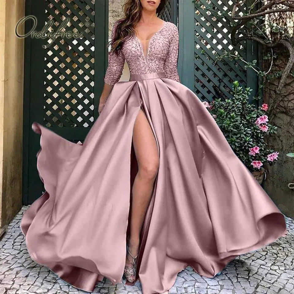 Wiosenna jesień długość podłogi długa impreza Elegancka dama koronkowa seksowna podzielona satynowa sukienka maxi sukienka plus size s-5xl 210415233m