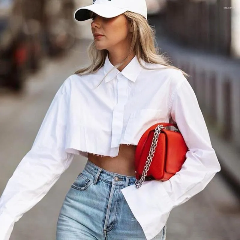 Blusas femininas moda branca colheita topos feminino 2023 elegante manga alargamento assimetria camisas pretas streetwear sexy topo primavera camisa
