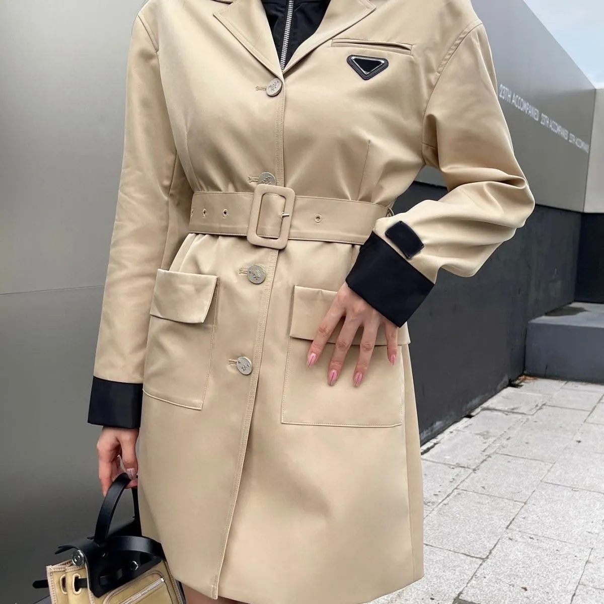 Pra & da womens trench coats designer luxury Windbreaker body print jacket Loose Belt Coat Female Casual Long Trench Coats