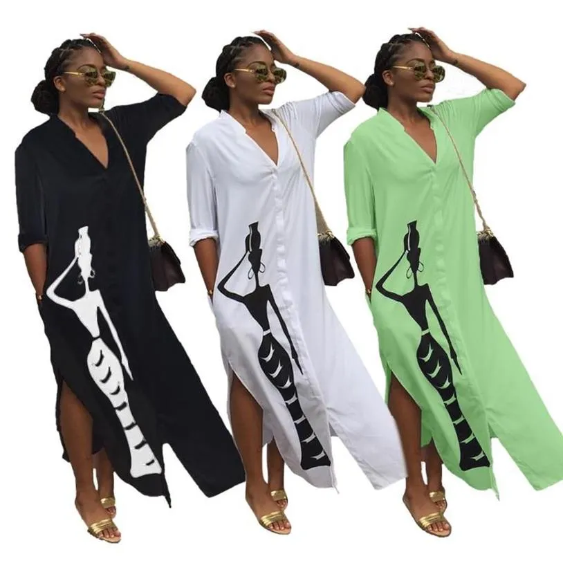 カジュアルドレス夏の秋の女性ドレスセクシーなパーティーベスティドスプラスサイズ長袖アフリカ印刷マキシシャツ267U