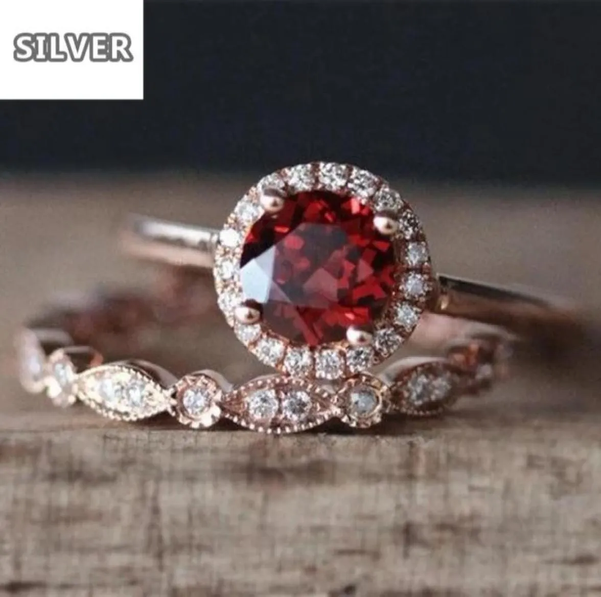 Super rubis or Rose Bague de luxe ensemble anneaux de pierre rouge pour les femmes de mariage cristal Bague Femme Anillos Mujer argent 925 bijoux65658117429944