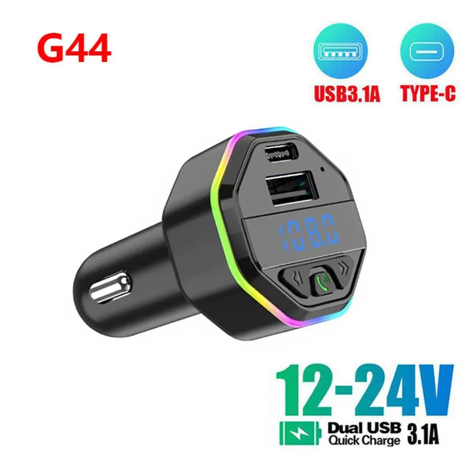 G43 G44 draadloze carkit 3.1A met type-c poort USB C snel opladen autolader mp3-speler handsfree kit bluetooth auto fm-zender