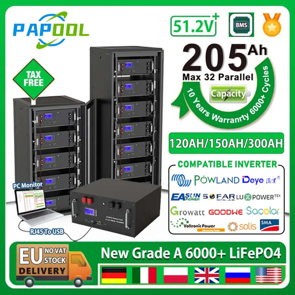 LifePO4 48V 200AHバッテリーパック10KWH 16S BMS 51.2V 100AH 120AH 150AHリチウムバッテリー6000+サイクルRS485 32パラレルEU税