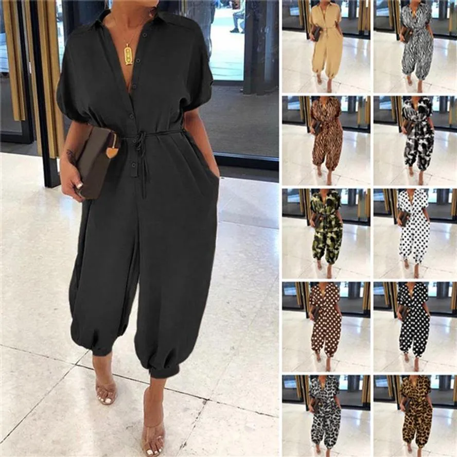 13 Colors Womens Jumpsuits Rompers V-Neck Casual Jumpsuit Women Short Sleeve Button Loose Large Size Long Overalls Fashion Female245B