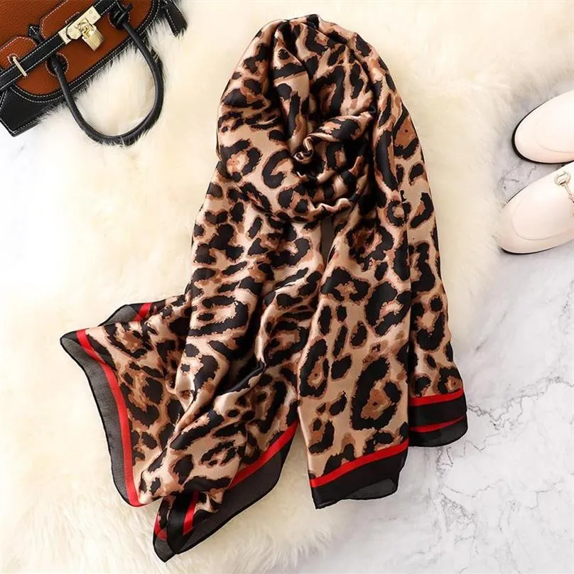 Women Leopard Print Silk Scarf 180x90cm Beach Handduk Kvinna Foulard Echarpe Designer Bandana Summer Shawl and Wraps308o