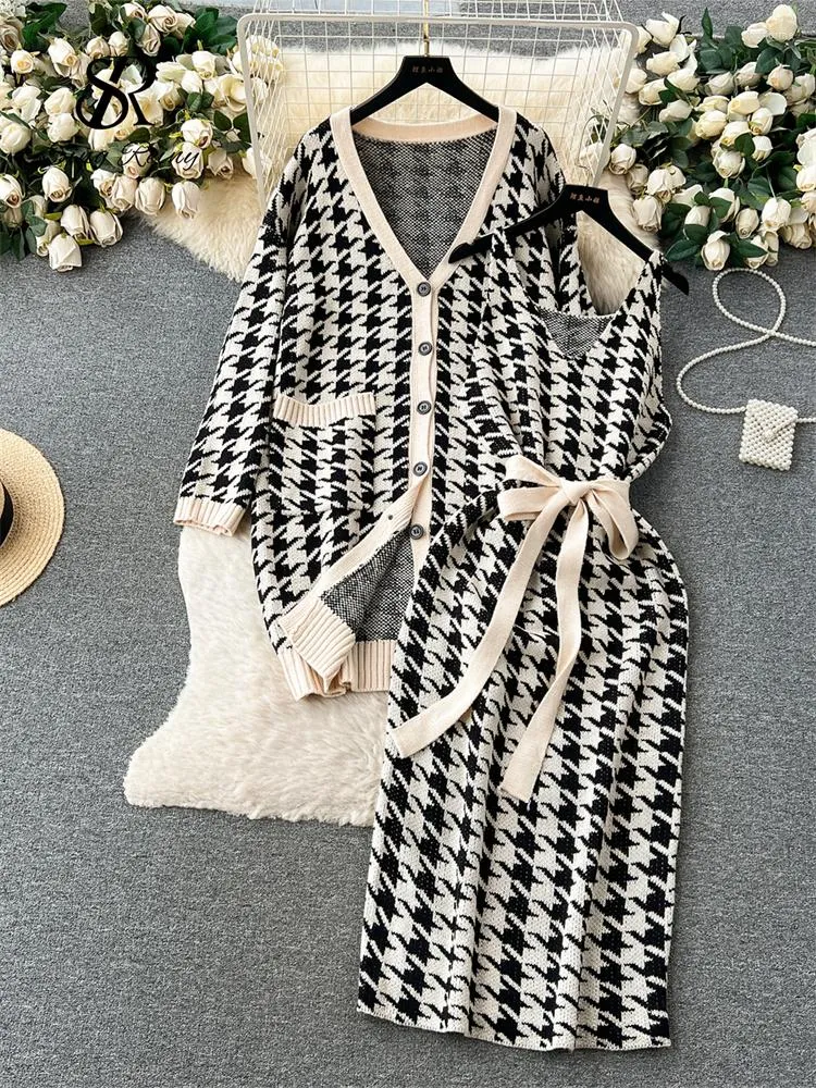 Work Dresses SINGREINY Houndstooth Knitted Dress Suits Women Loose Long Cardigans Strap Thick Streetwear Plaid Warm Sweater Sets