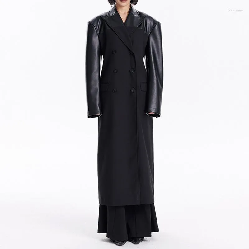 Trench da donna Cappotto da donna 2023 Autunno PU cucito doppio petto giacca a vento da donna tutto fiammifero allentato lungo cappotto nero