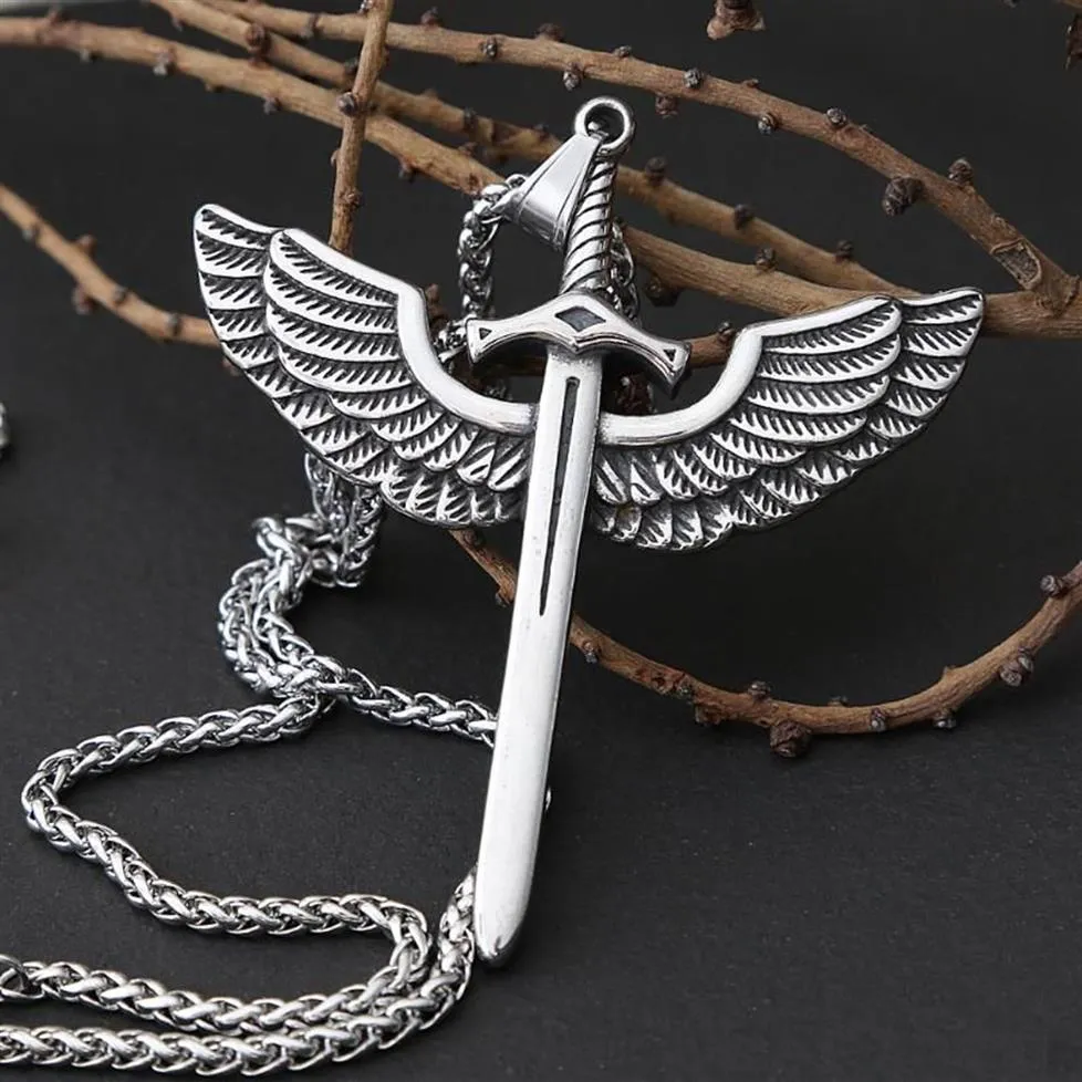 Pendant Necklaces Vintage Angel Holy Sword Stainless Steel Cross Necklace For Men Fashion Jewelry Wing Punk Chain200l