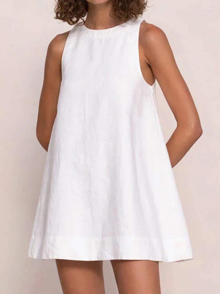 Kvinnors sömnkläder Linad White Night Dress Women Loose O Neck Sleunteless Cotton Solid Woman Dresses 2023 Summer Casual Female Nightwear