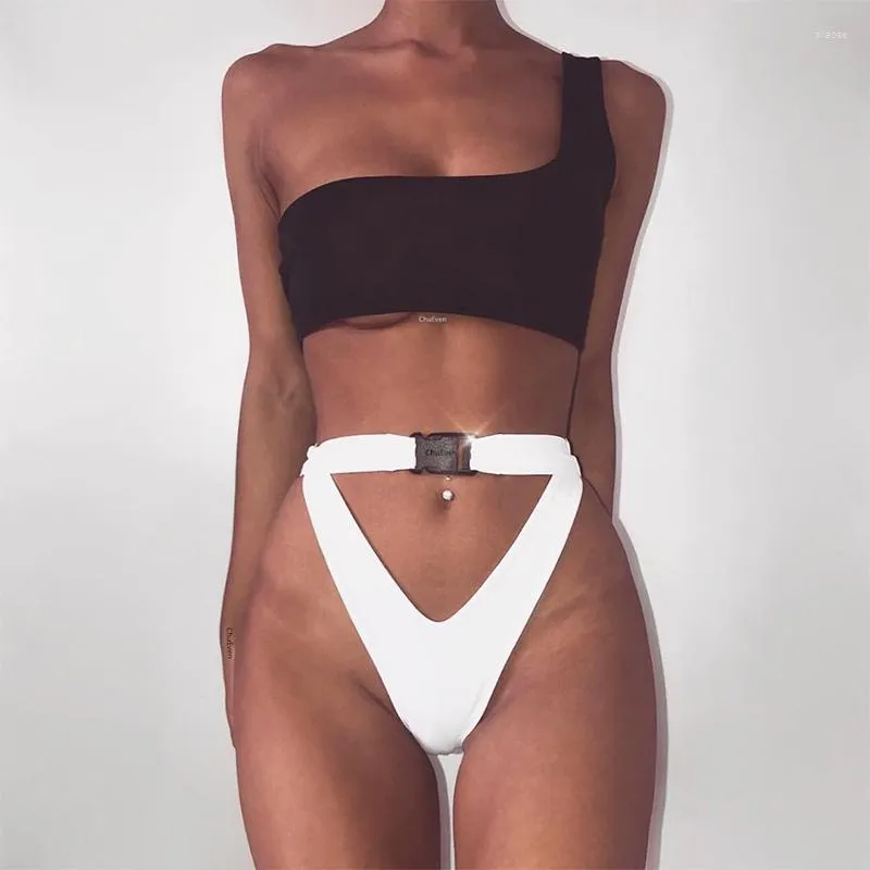 Women's Swimwear One Shoulder Bikini Set Summer High Cut Swimming Wear Bikinis 2023 Bandeau Swimsuit Buckle Women Push Up Bathers