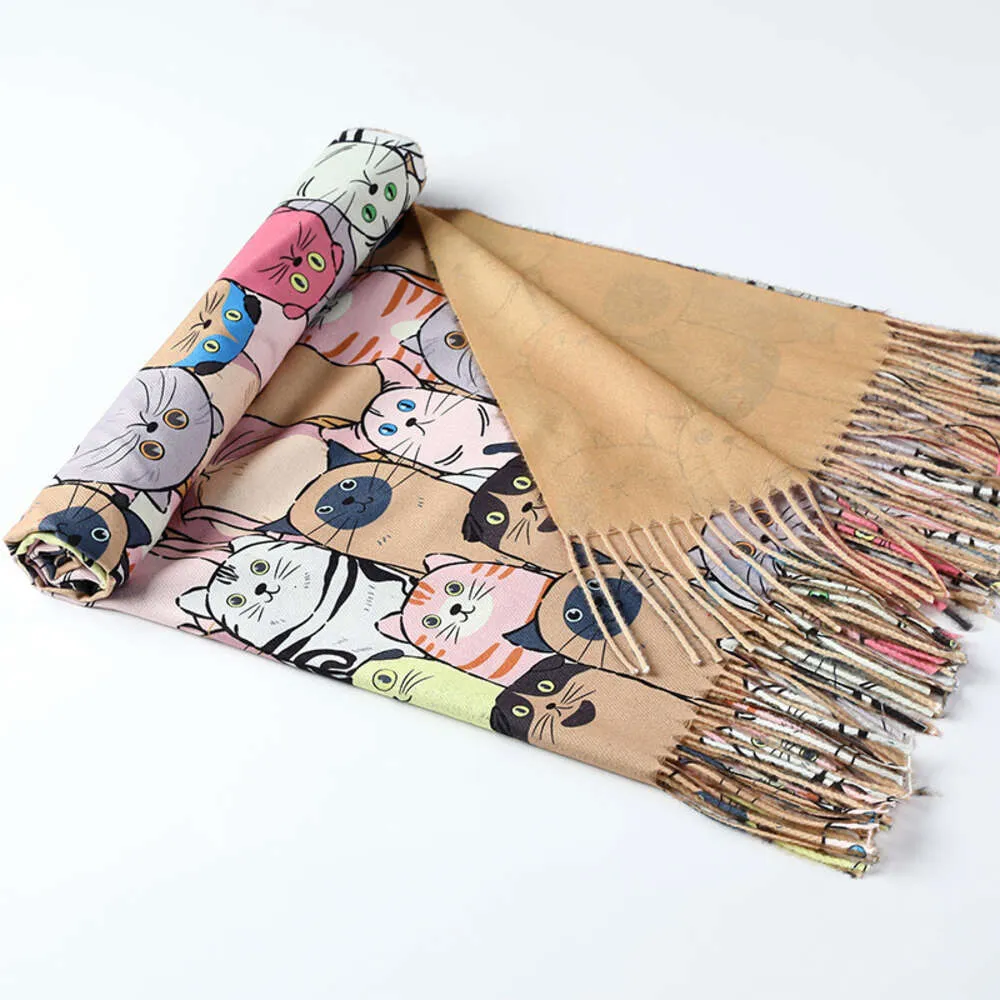 Shawl digital printed scarf imitation cashmere cartoon cat oil painting trendy tassel