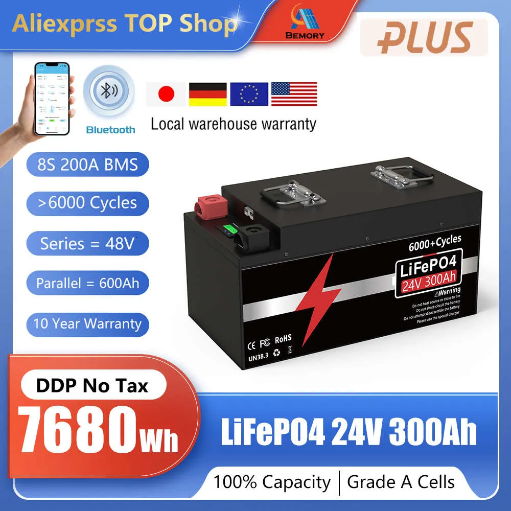 24V 300AH LIFEPO4 배터리 200AH 100AH ​​리튬 바터이 Buletooth BMS 6000 이상주기 7kW RV 보트 태양열 -10 년 보증 세금 없음