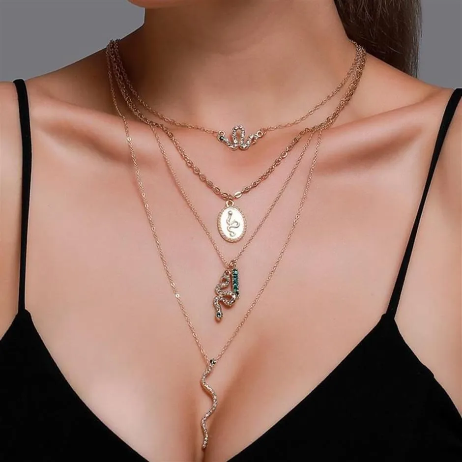 Модное ожерелье со змеей и кристаллами, многослойное четырехслойное овальное кулон-свитер-цепочка, ожерелье s273L