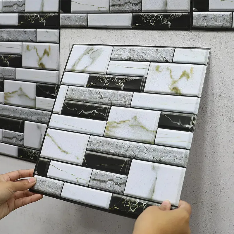 Наклейки на стену Самоклеющиеся наклейки на плитку Домашний декор 3D наклейки из ПВХ Чехлы для кухонного шкафа Ванная комната Водонепроницаемые обои 231009
