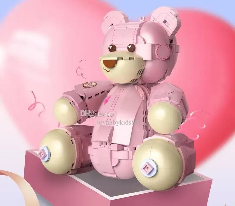 Commercio all'ingrosso Figura dell'orso Giocattoli Orsacchiotto personalizzato Blocchi di costruzione in mattoni Giocattoli Piccolo orso rosa Cartone animato Modello anime Kit di costruzione Decorazione Giocattolo Regalo di Natale Giocattolo per ragazza