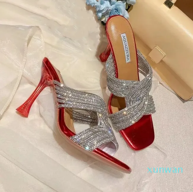 Кожаные босоножки на высоком каблуке Aquazzura со стразами, женские свадебные летние роскошные брендовые туфли для вечеринок, женская обувь с коробкой