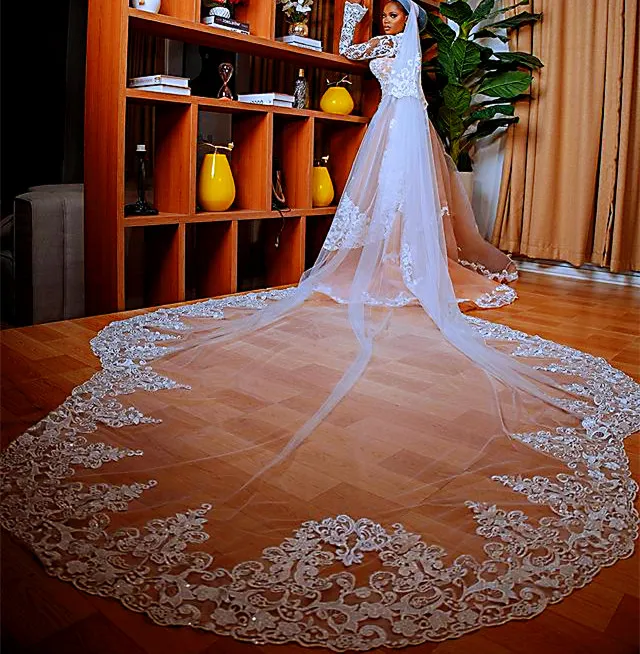 chic_cheap Custom-Made 3M Cathedral Length Cathedral Lace Wedding Veil with Lace Applique Edge - 2023 Gorgeous One Layer Tulle 2023 Gorgeous 3M Wedding Veils With Lace Applique Edge Long Cathedral  Length Veils One Layer Tulle Custom Made Bridal Veil From Chic_cheap, $6.24  | DHgate.Com
