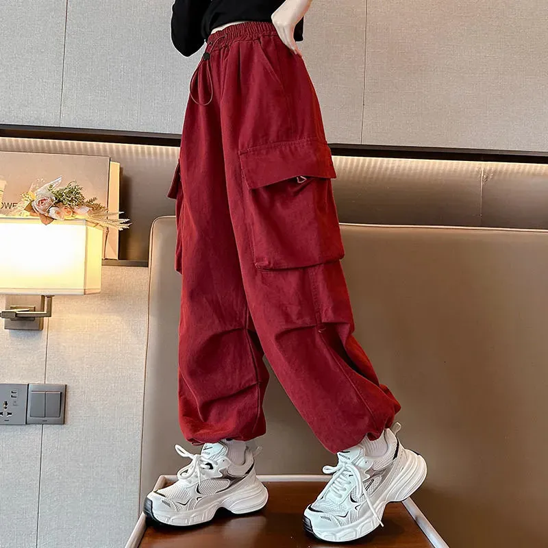 Fashion Cotton Cargo Pants for Teen Girls with Belt, Loose Style Kids Sport  Running Trousers for Teens, 5-14 Years
