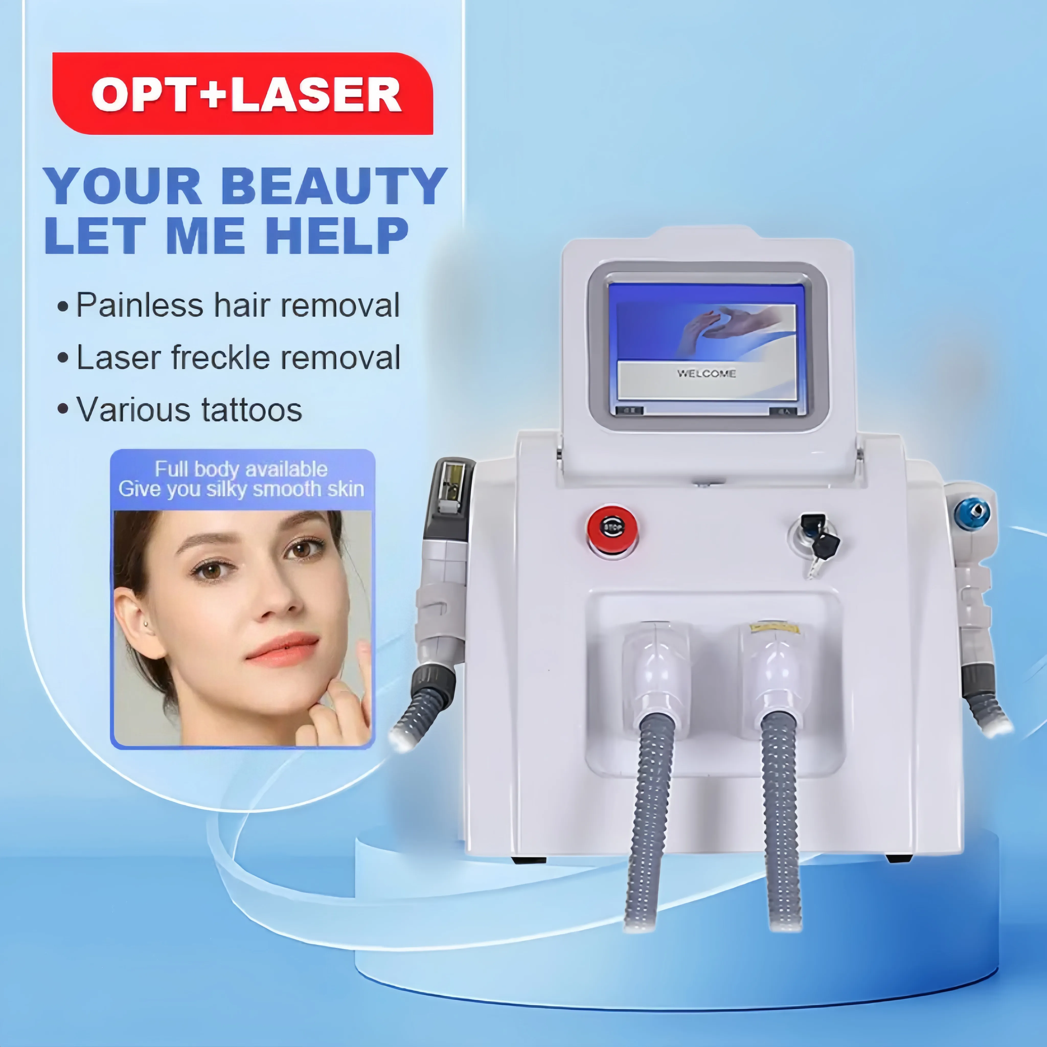 Novo design 2 em 1 ND YAG Laser Remoção de tatuagem Ipl Laser Removedor de cabelo para lifting facial Tratamento de acne Grande área de manchas Máquina indolor virtual comutada Q